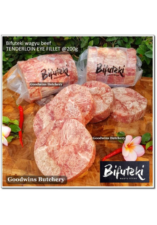 Beef Eye Fillet Mignon Has Dalam TENDERLOIN frozen MELTIQUE WAGYU BIFUTEKI STEAKS +/- 1" ORIGINAL BAG (price/pack 1kg 5pcs)